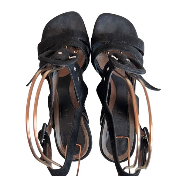 Marni high heel sandals black suede square toe IT 40 buckles grommets platform - Picture 5 of 12